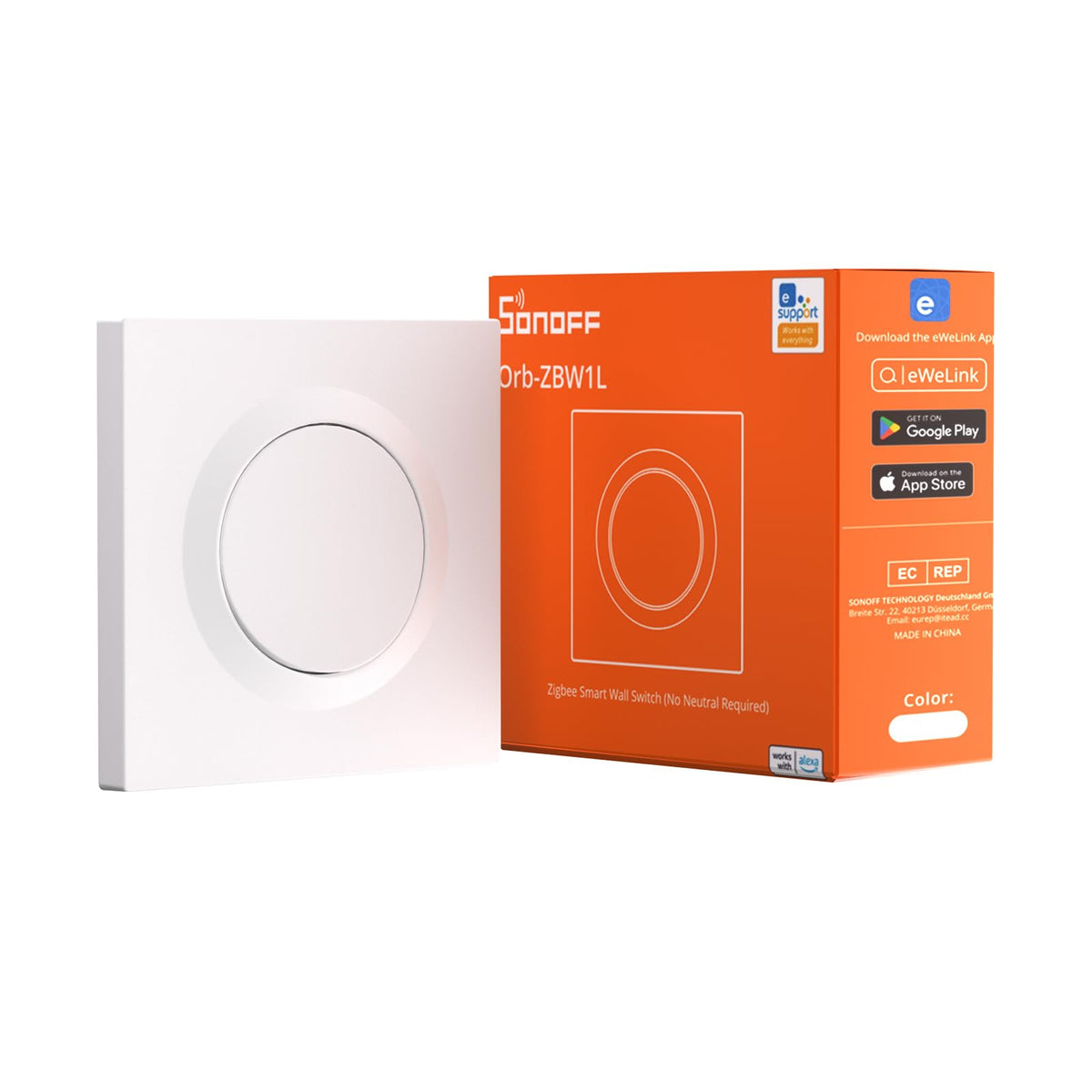 SONOFF Orb-ZBW1L Zigbee 3.0 Smart Wall Switch, No Neutral Required, 1-Gang Light Switch, Works with Alexa & Google Assistant, 6A Load, Compatible with
