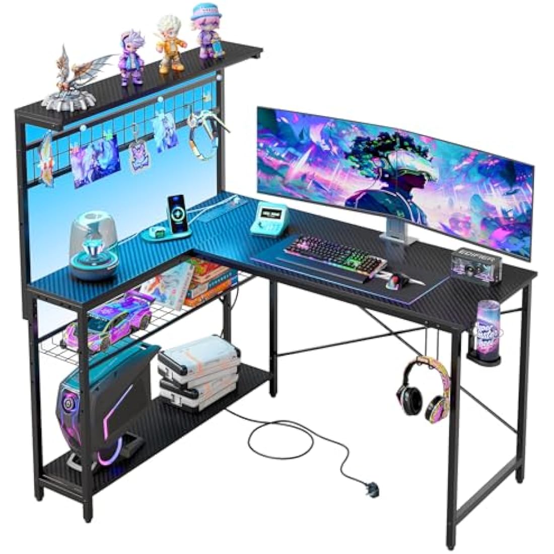 Bestier L-Shaped Gaming Desk with Power Outlets, LED Workstation with 4 Tiers Shelves for Home Office, Gamer Reversible Table with Hooks and Cup (BDCF, 129cm)