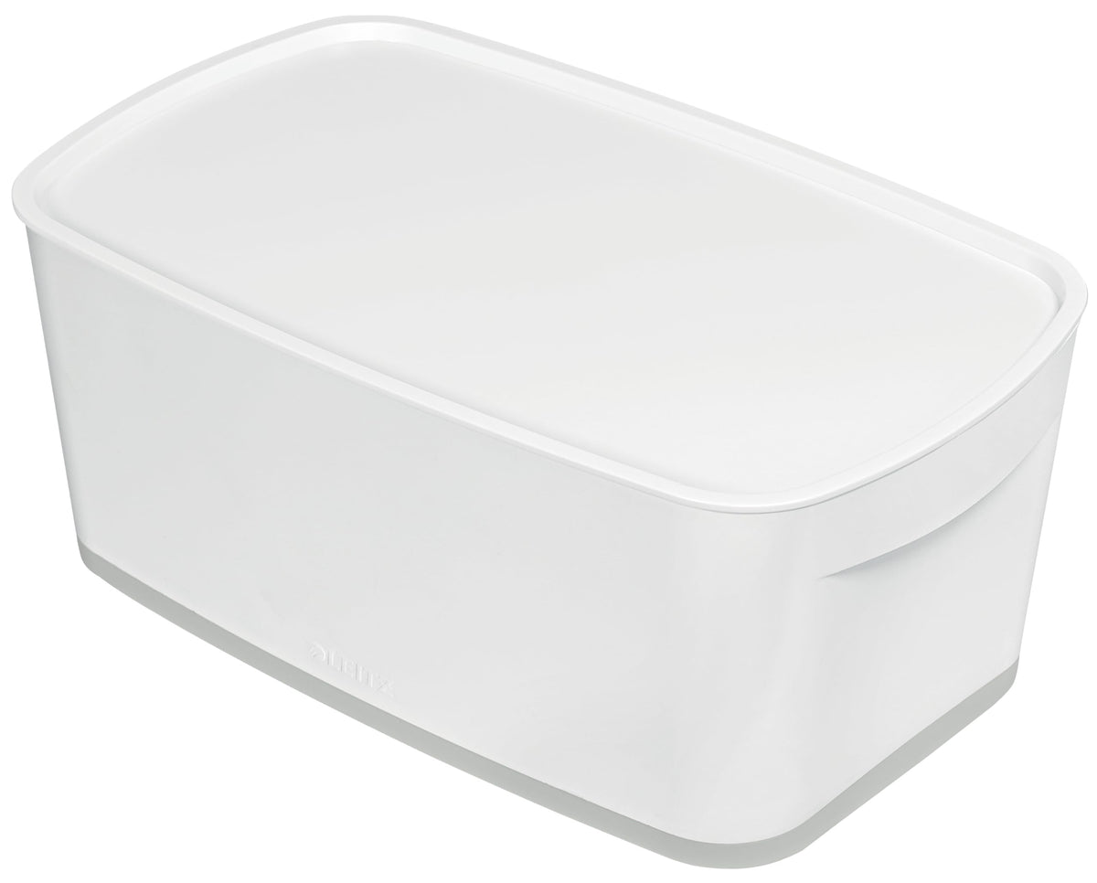Leitz A5 MyBox Small with Lid, Storage Box for Home and Office, 5 L, Matt Finish, Plastic, BPA Free and Food Safe, White/Grey, 52291001