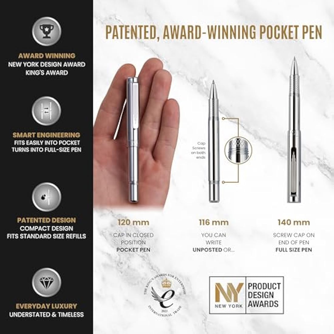 Scriveiner Silver Chrome Rollerball, Award Winning Luxury Pen, Heavy Pocket Pen with Chrome Finish, German Schmidt Refill, Best EDC Writing Pen Gift Set for Men & Women, Nice Designer Office Fancy Pen