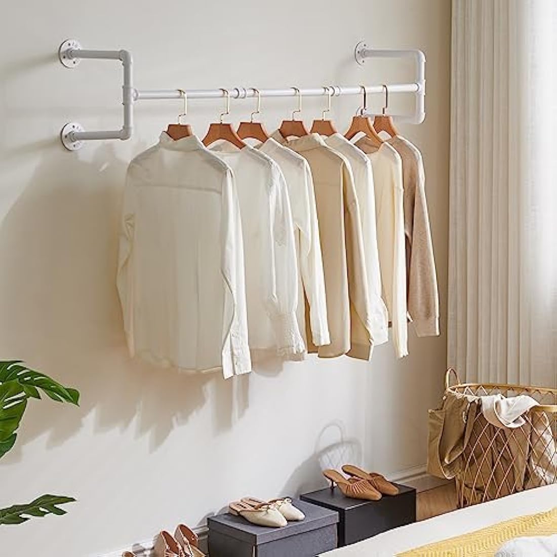 IBUYKE 50" Wall Mounted Coat Rack Industrial Design Wall Mount Removable Clothes Rack Space Saving Rack Load up to 60kg Four Bases White TYJ002W-2