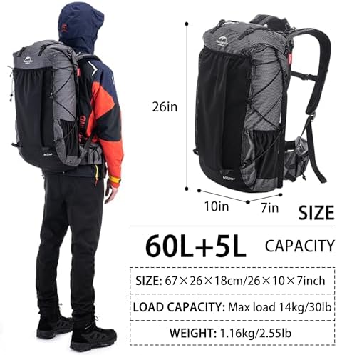 Naturehike 60L Internal Frame Hiking backpacking backpack, Camping Waterproof Mountaineering Bag,Outdoor Daypack with Rain Cover
