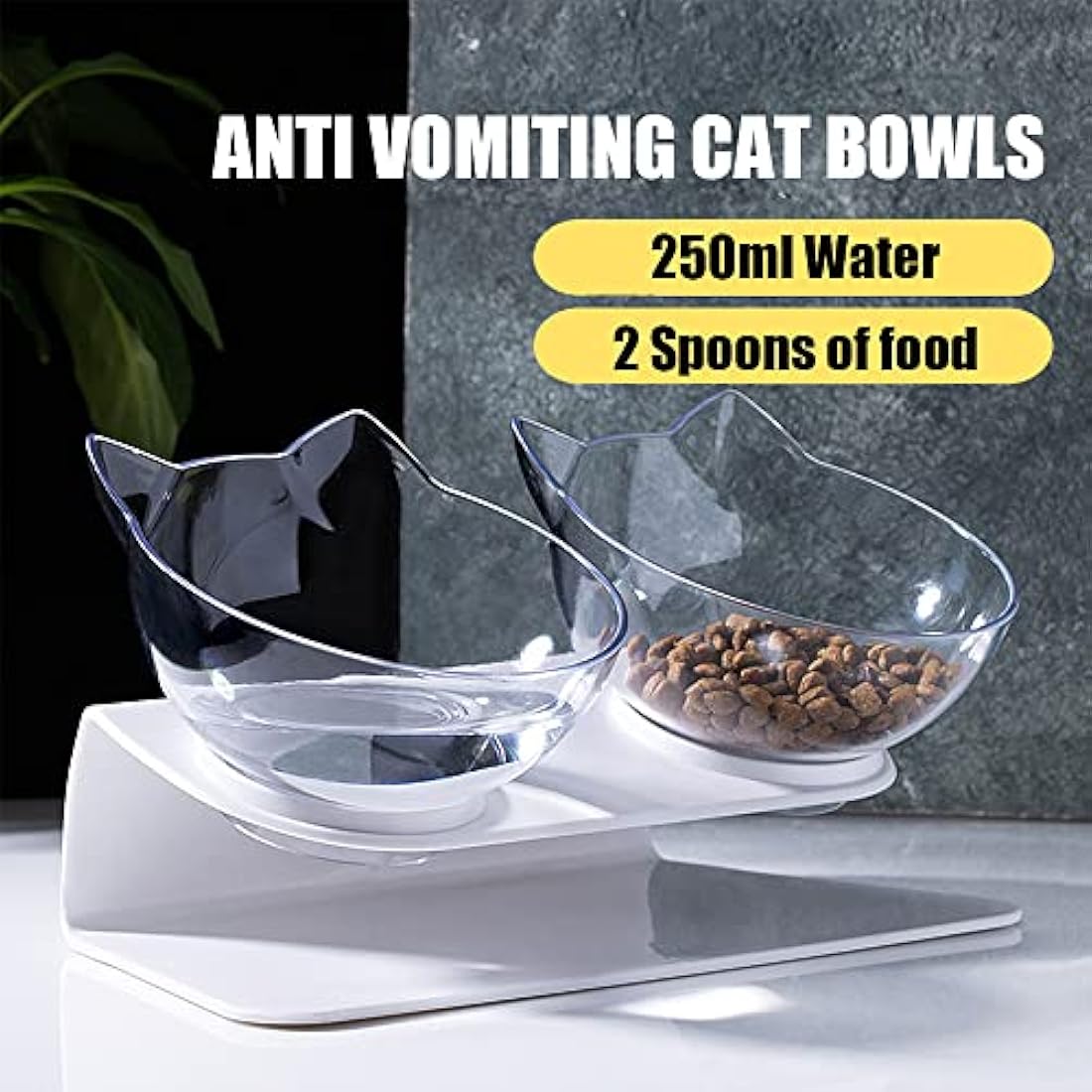 Raised Cat Bowl with Stand, 15° Tilted Cat Bowls for Kittens Elevated Cat Bowl Anti Vomiting Double Cat Bowls Plastic Transparent Cat Feeding Bowl