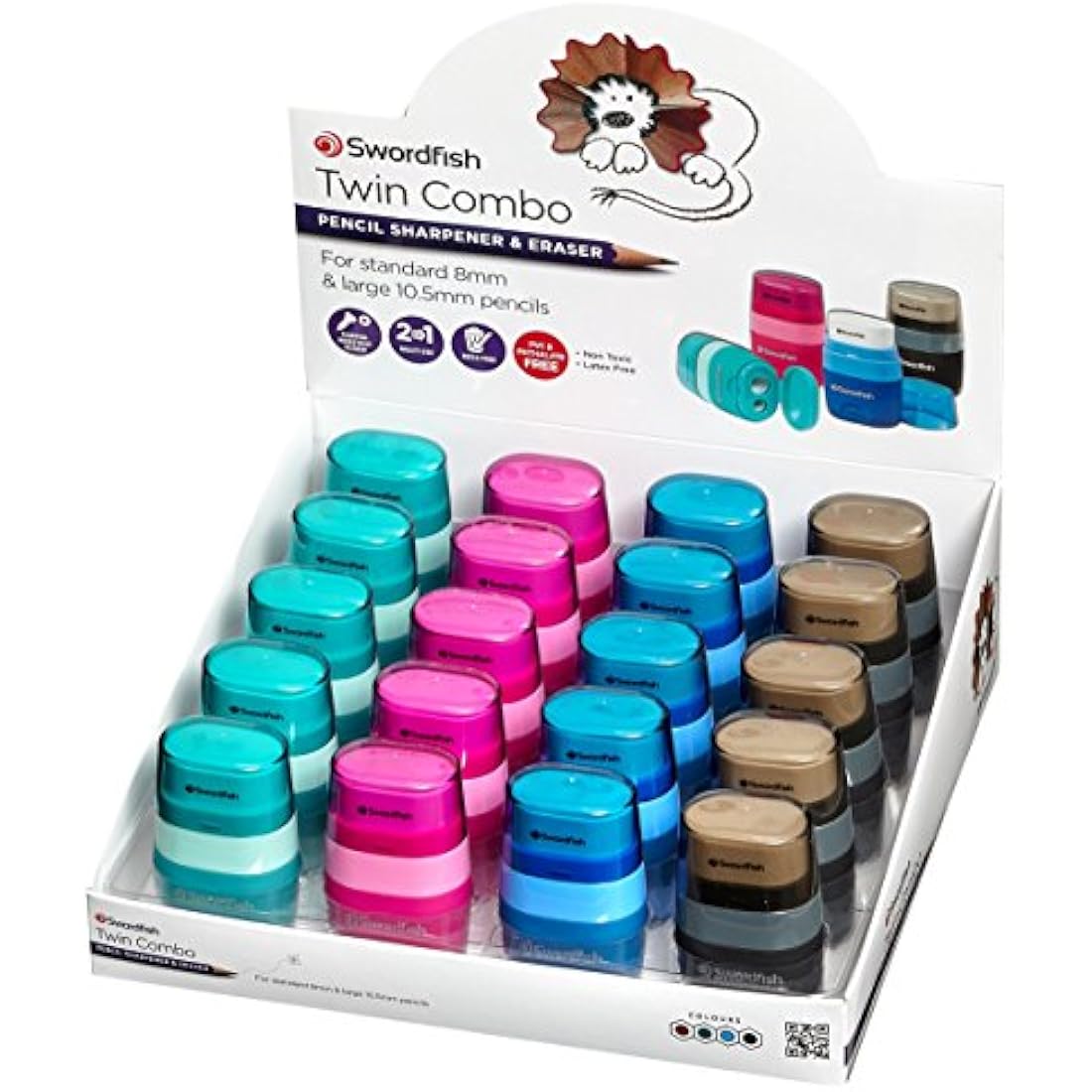 Swordfish ‘Twin Combo’ Double-Hole Pencil Sharpener and Eraser [Pack of 20] Assorted Colours [40295]