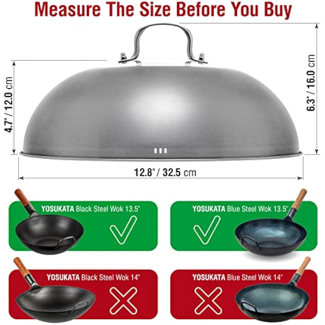 YOSUKATA Wok Lid 32.5 cm for Wok 34 cm - Premium Stainless Pan Cover with Tempered Glass Insert Steam Holes and Ergonomic Handle - Durable Asian Accessories -Dishwasher-Safe Lid