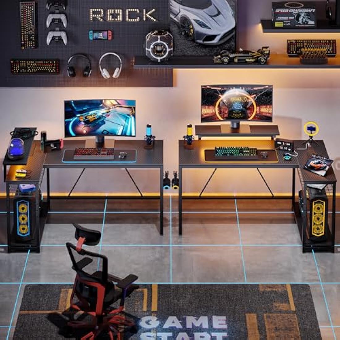 Bestier 132.5CM L-Shaped Workstation with Carbon Fibre Surface, 3 Power Outlets & 2 USB Ports, LED Strip Lights – Reversible Corner Unit with Shelves & Hooks for Home Office & Gaming