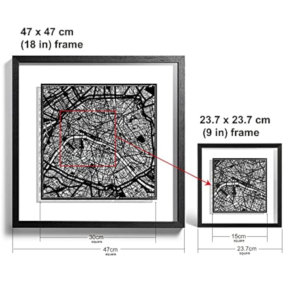 O3 DESIGN STUDIO Paris Paper Cut Map framed, Black map, Black frame, 9x9 inches, Gift Boxed, 2 background color, self-changing, Paper Art