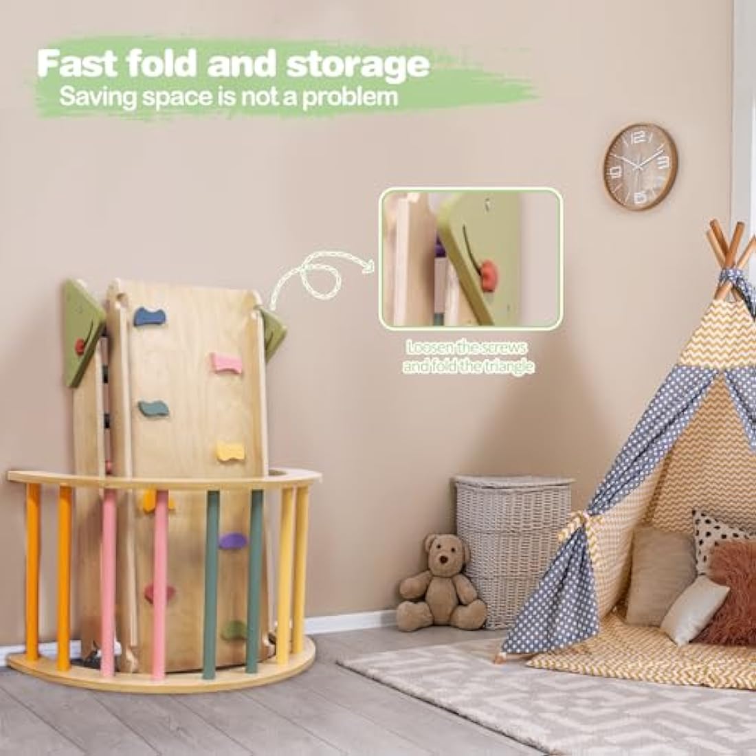 LOL-FUN 3in1 Wooden Climbing Frame for Toddlers, Baby Climbing Toys Pikler Triangle Set with Ramp and Arch, Montessori Indoor Play Jungle Gym for Kids 100x49x11CM Package-Rainbow