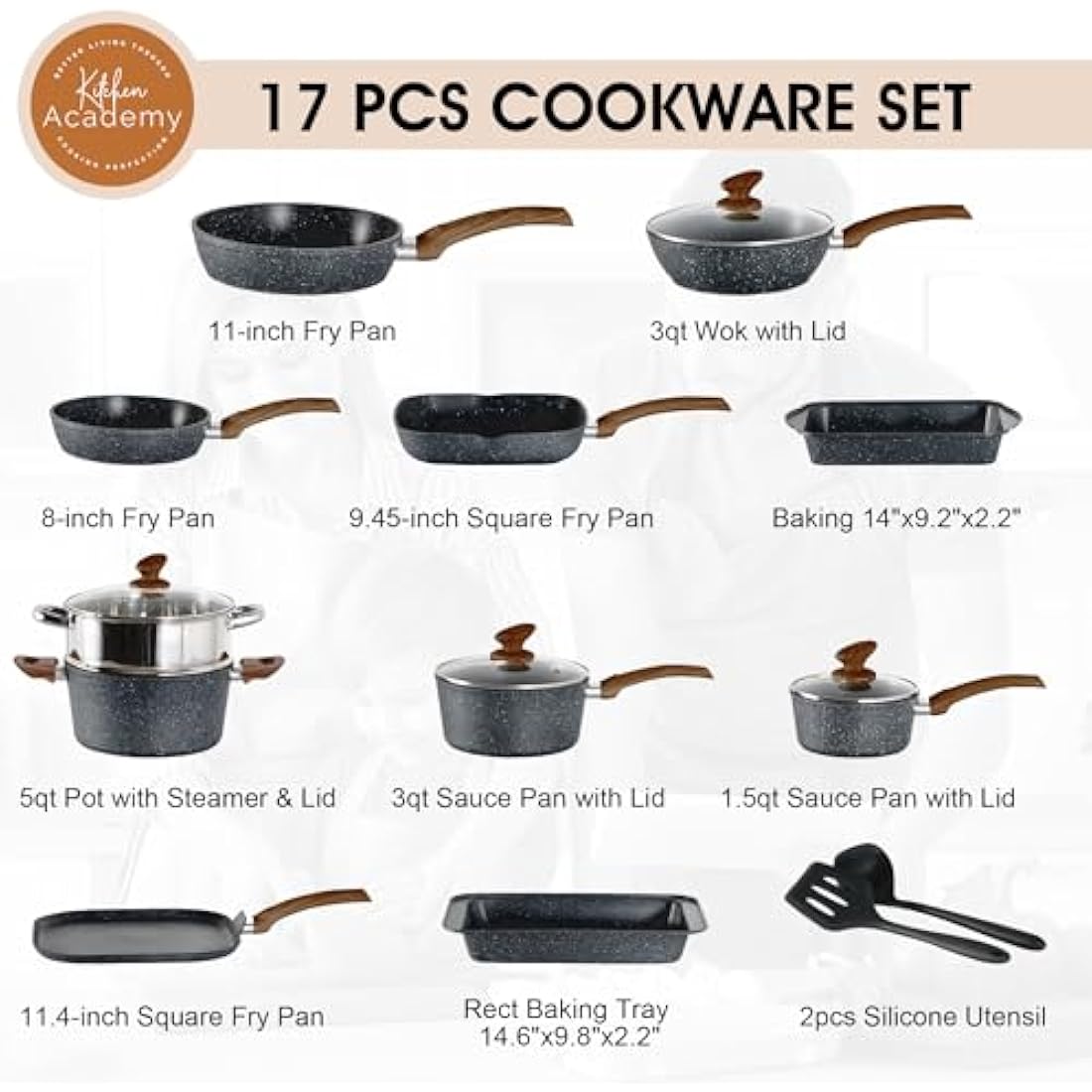 Kitchen Academy Induction Cookware Set-17 Piece Non-Stick Cooking Pan Set, Black Granite Pots and Pans Set