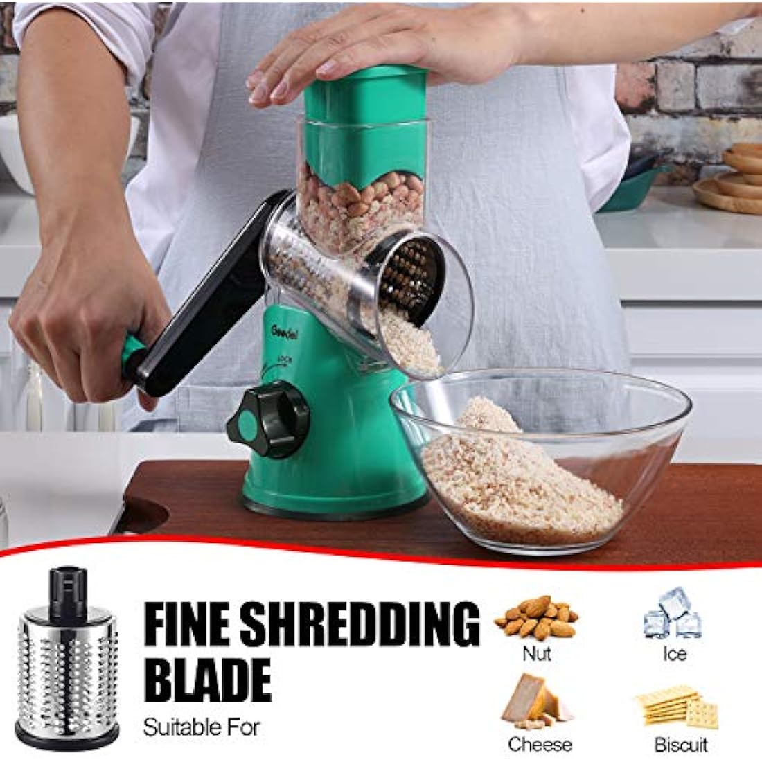 Rotary Cheese Grater, Vegetable Slicer with Three Drum Blades, Grater for Kitchen Faster and Easy Cutting, Rotary Drum Grater Ideal for Cheese, Cucumber, Carrot, Nuts, etc.