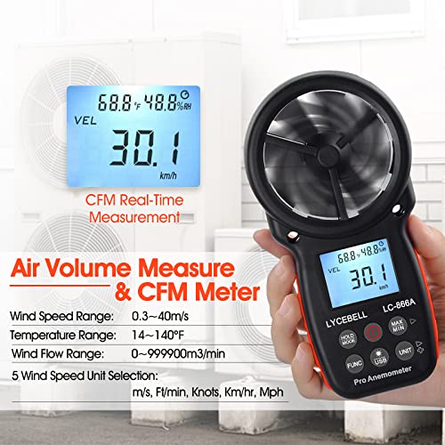 LYCEBELL Handheld HVAC Anemometer LC-866A, Pro Digital Wind Speed Meter for Wind Velocity CFM Measuring, Air Flow Meter, USB Connect to PC, Balance
