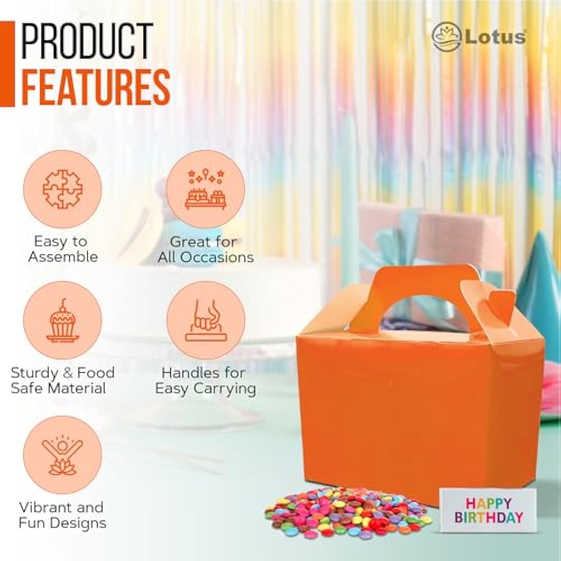 Lotus 50-Pack Kids’ Party Favor Boxes–Stylish Orange Treat Containers for Birthdays, Halloween, Picnics & Fun Celebrations| Perfect for Loot Box & Party Favors| Eye-Catching for Any Occasion (Orange)