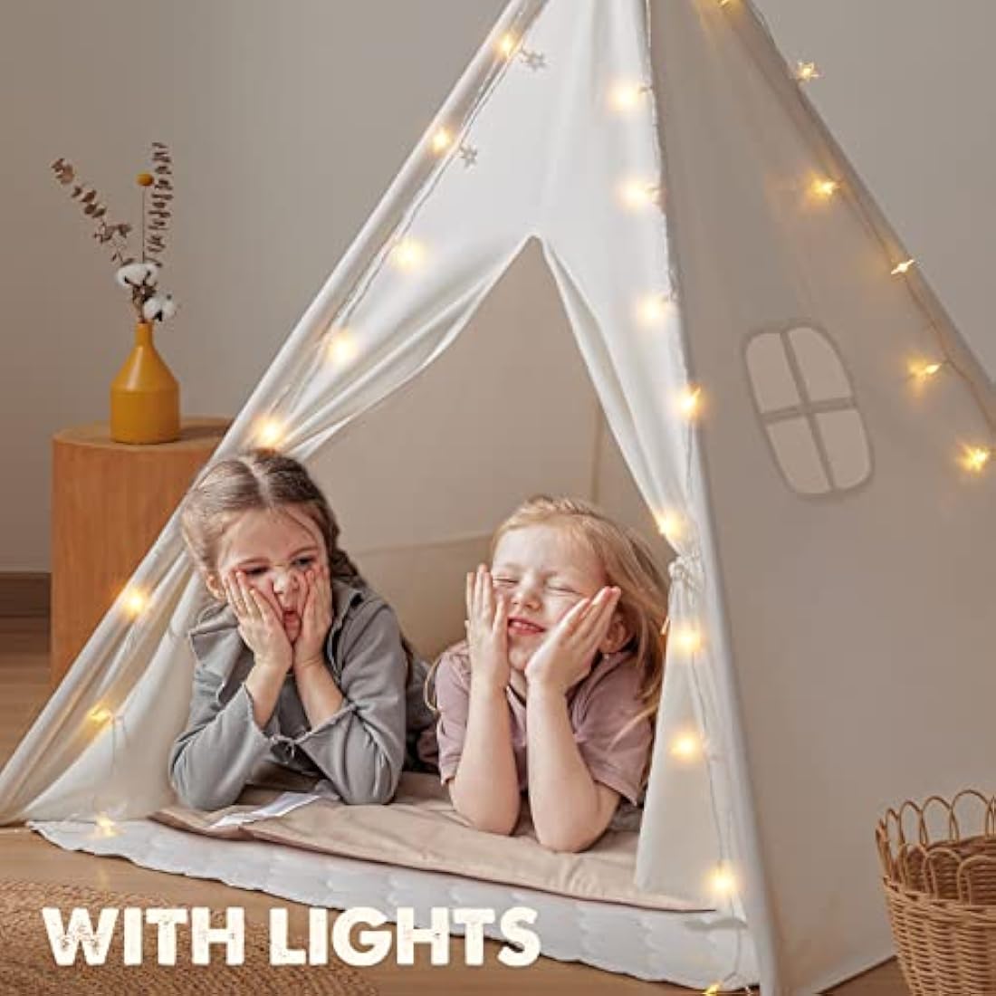 Tiny Land Kids Teepee Tent with Padded Mat & Light String& Carry Case- Kids Foldable Play Tent for Indoor Outdoor, Raw White Canvas Teepee - Kids Playhouse - Portable Kids Tent,Off-White 1.6m