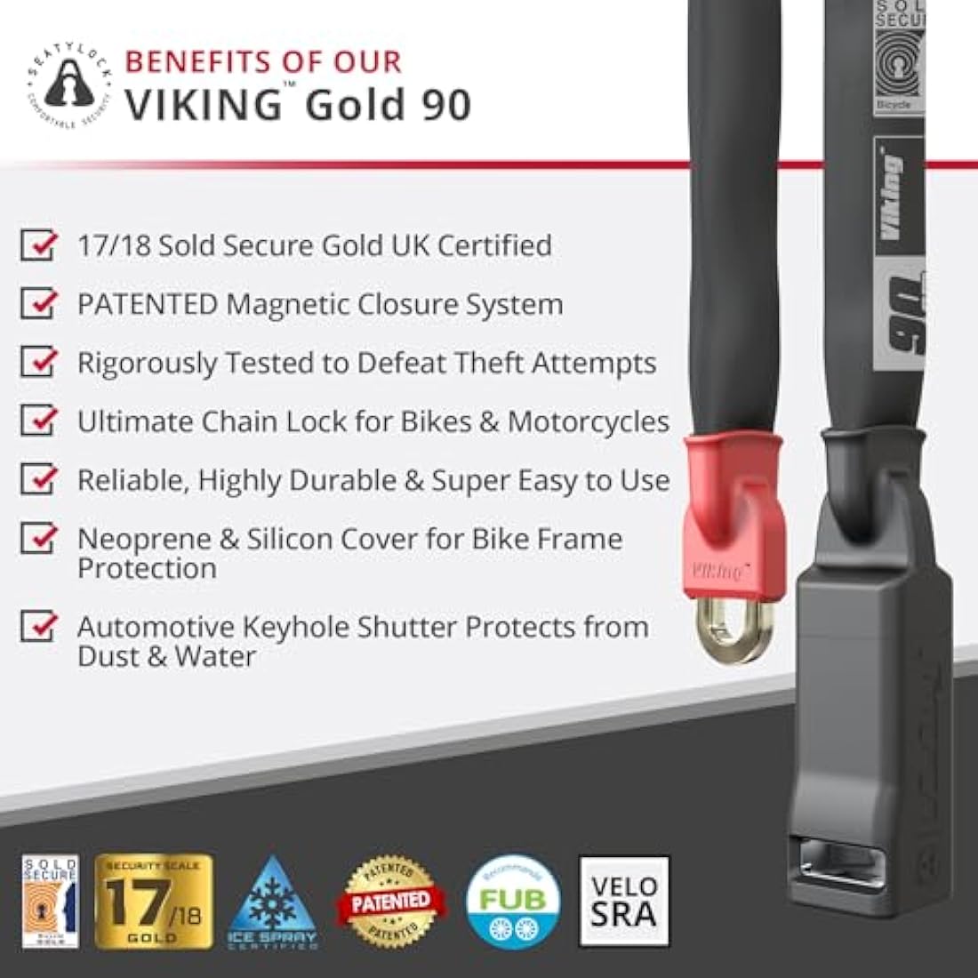 Seatylock Viking Bike Chain Lock with Key - Magnetic Patented Sold Secure Silver Rated - Heavy Duty Anti Theft - Smart Ultra Security Bicycle Lock (90 CM - 35.4")