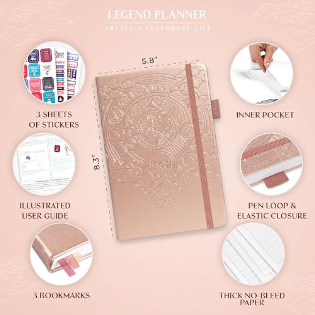 Legend Planner Hourly Schedule – Weekly & Daily Organizer with Time Slots. Appointment Book Journal for Work, Undated, A5 (Rose Gold)