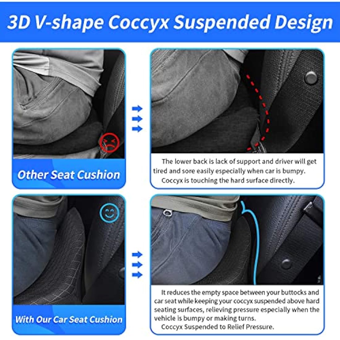 Seat Cushion for Car and Truck Driver Seat Office Chair Wheelchairs Orthopedic Ergonomic Memory Foam Coccyx Seat Sciatica Cushion for Tailbone Sciatica Relief Hemorrhoid Car Seat Pad