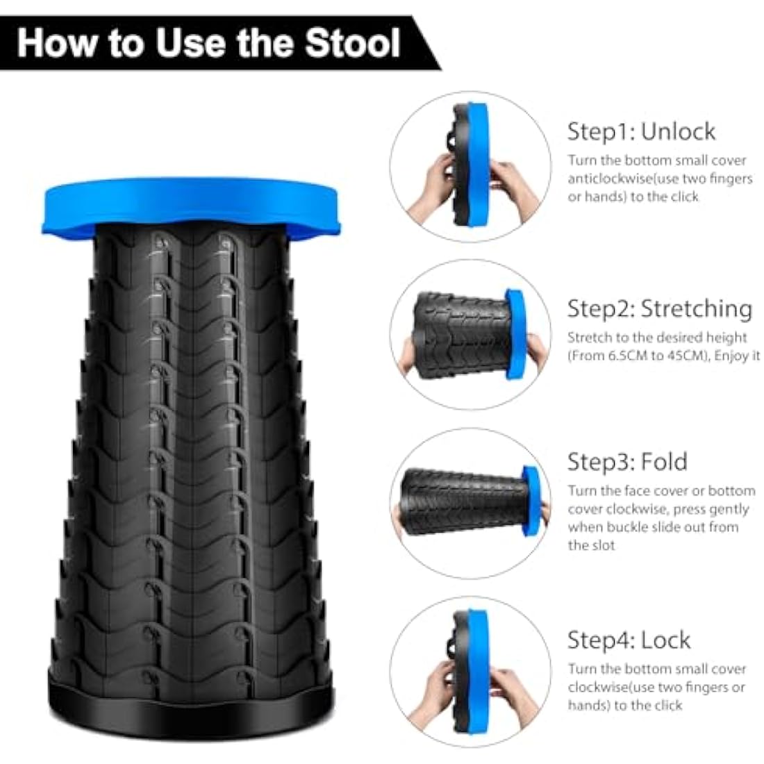Small Collapsible Stool for Adult Camping - Max Load Capacity 396 LBs/180 KG - LUXJET Portable Folding Stool for Hiking, Fishing, Travel, BBQ, Kitchen (Blue)