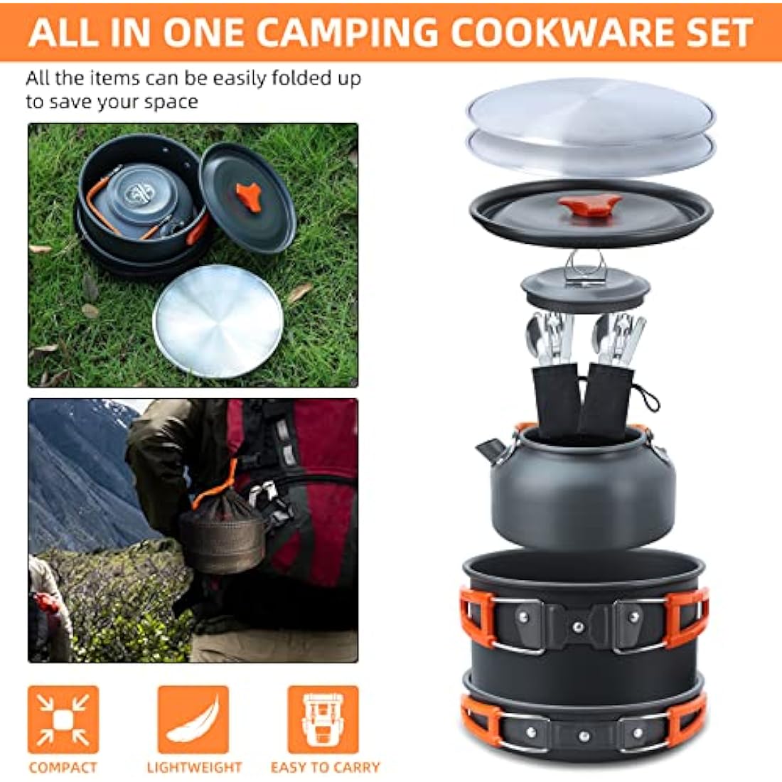 Lixada Camping Cookware Kit, 16pcs Camping Pot Camping Pan Camping Kettle with Stainless Steel Plates Forks Knives Spoons for Outdoor Cooking and Picnic for 1-2 People