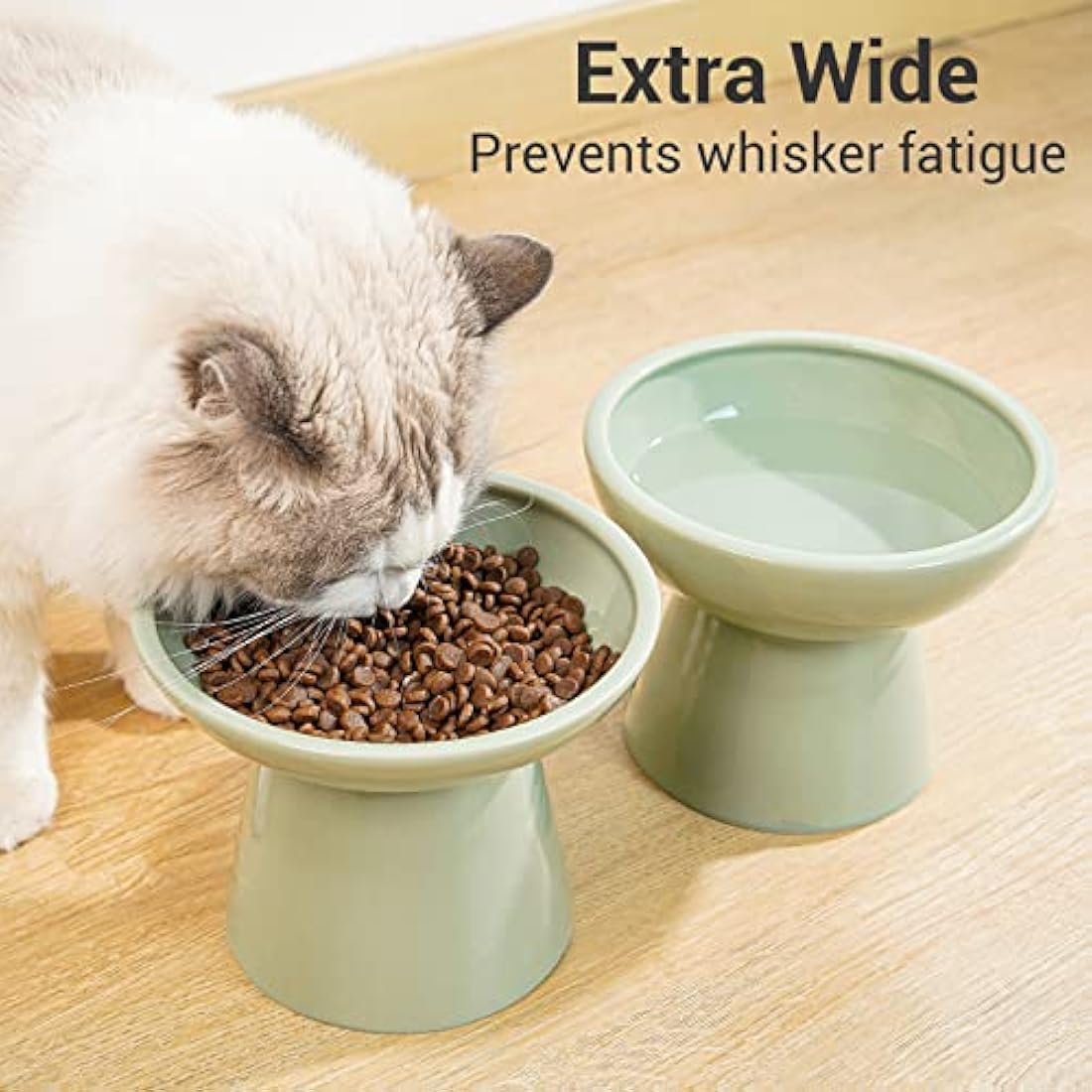 CEEFU 2 Extra Wide Elevated Cat Food Bowl, Ceramic Cat Bowls for Food and Water, Wide Shallow Cat Food Dish, Whisker Fatigue, Lead & Cadmium Free, Great Height for Cat, Sage Green