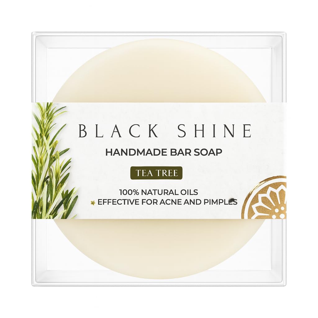 BLACK SHINE Tea Tree Oil Bar Soap | Natural Cleanser for Face & Body Blemishes & Oily Skin | Vegan Handmade Soap with Coconut, Olive & Shea Butter for
