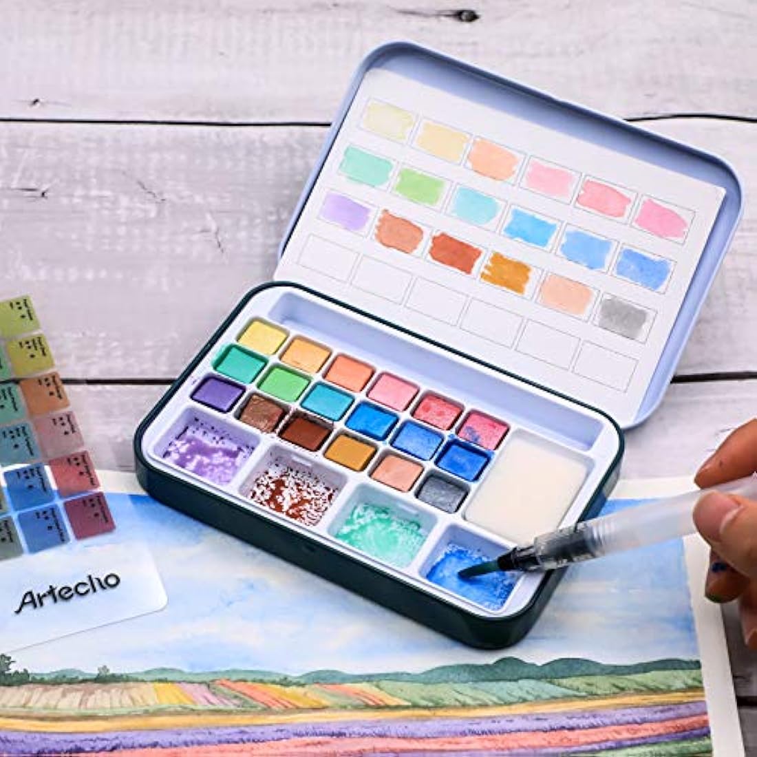 Artecho Watercolour Paint Set,18 Metallic Colors, Watertbrush Pen Included, Lightweight and Portable,Watercolour Paints for Artists and Beginners