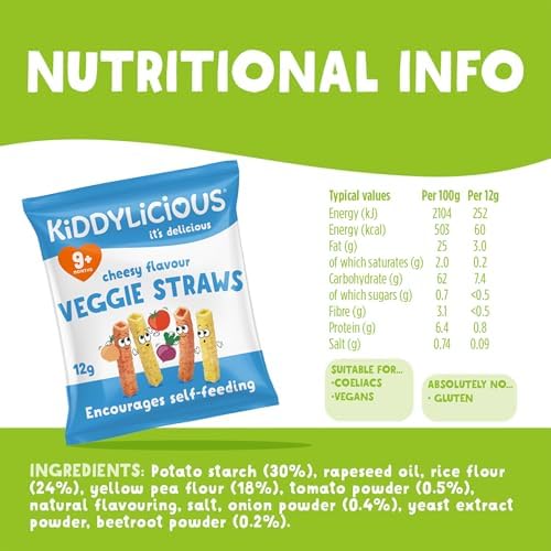 Kiddylicious Cheesy Veggie Straws - Delicious Snacks for Kids - Suitable for 9+ Months - 9 Packs