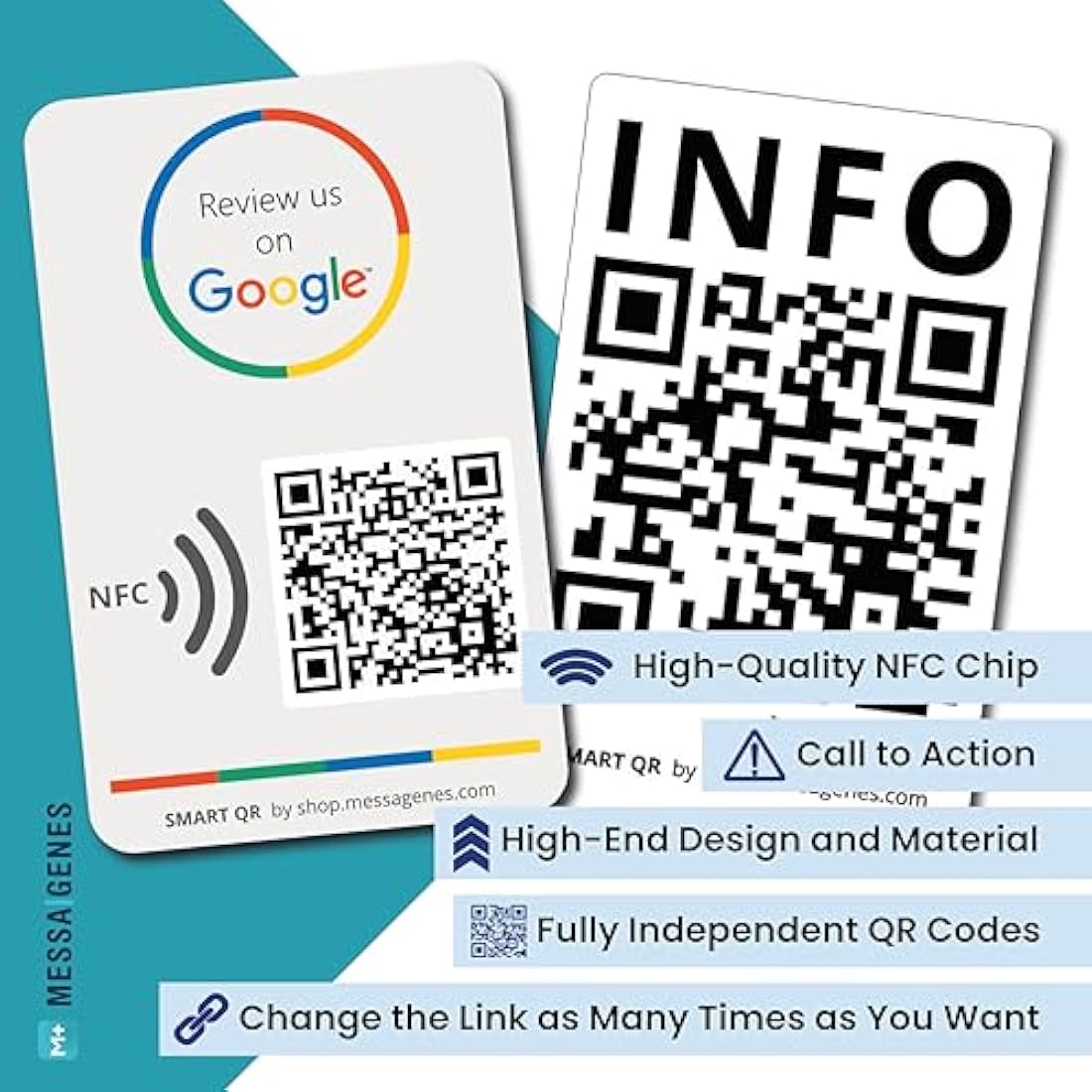 Reusable Review Tap Card for Google Reviews and Menu or Website- 2-Cards Pack - QR & Tap NFC Review + QR INFO Card - Review Us on Google Tap Card - iPhone & Android - Set Up at Home | by MESSAGENES
