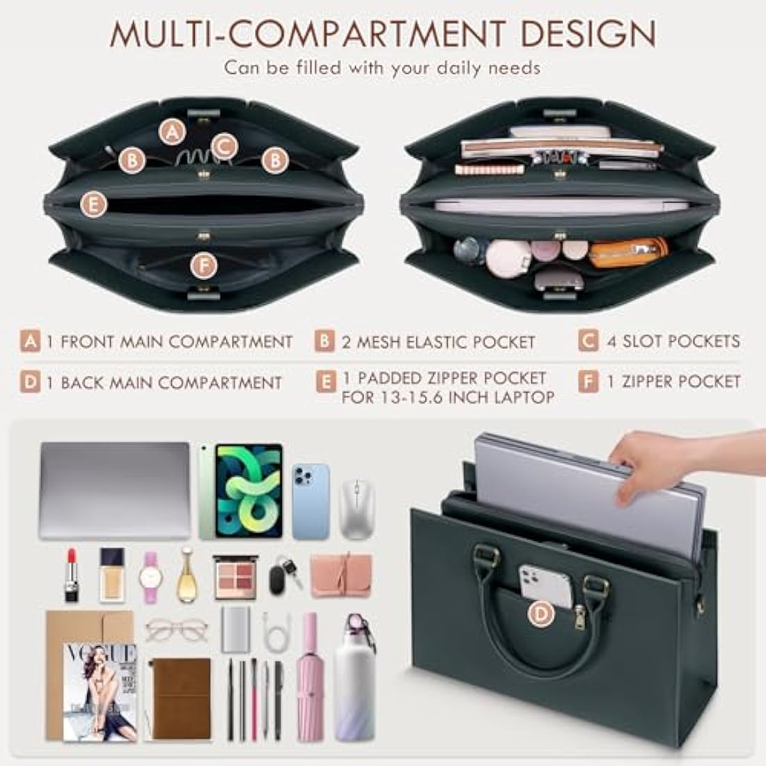 RAINSMORE Laptop Bags for Women PU Leather Work Bags for Women Tote Bag Large Handbag Shoulder Bag for Office Bussiness 15.6 Inch Dark Green and Beige
