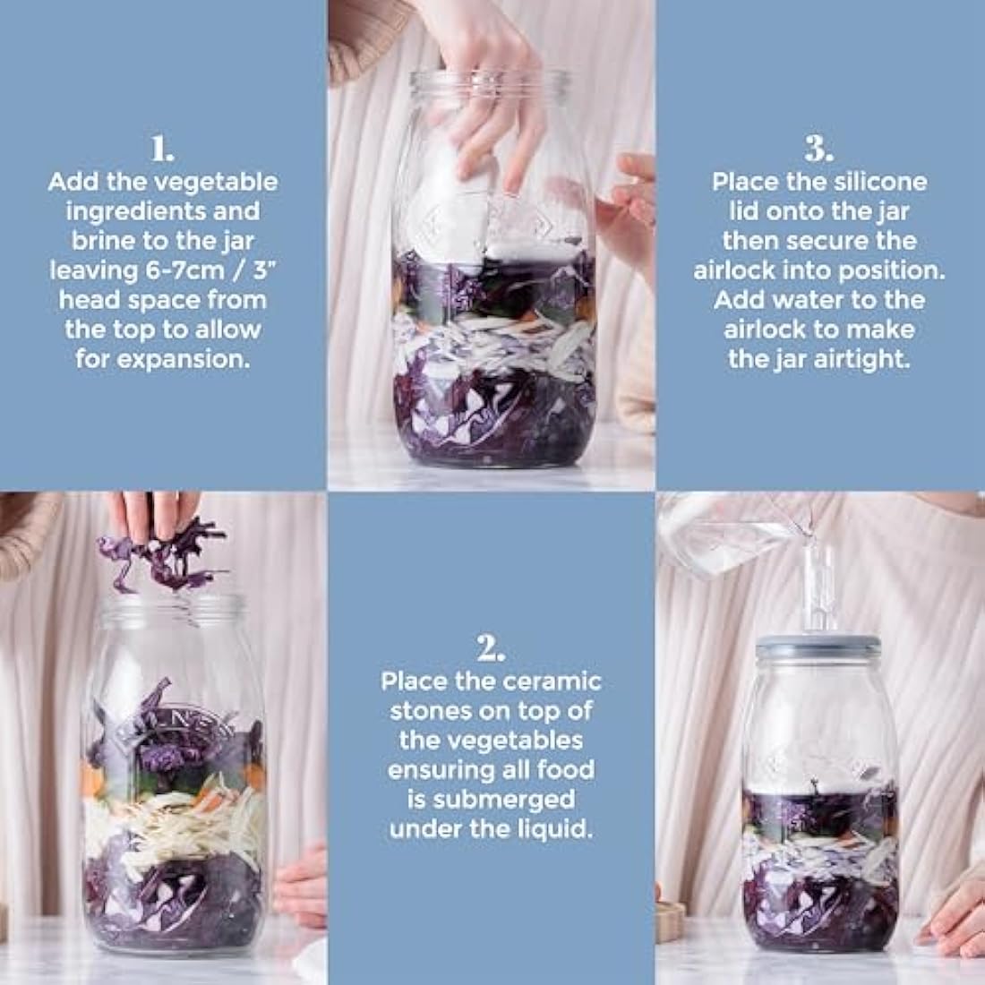Kilner 3 Litre Fermentation Set Airtight Glass Jar with Silicone Lid, Air Lock, Ceramic Weights & Recipe, Booklet Ideal for Sauerkraut, Kimchi & Pickles