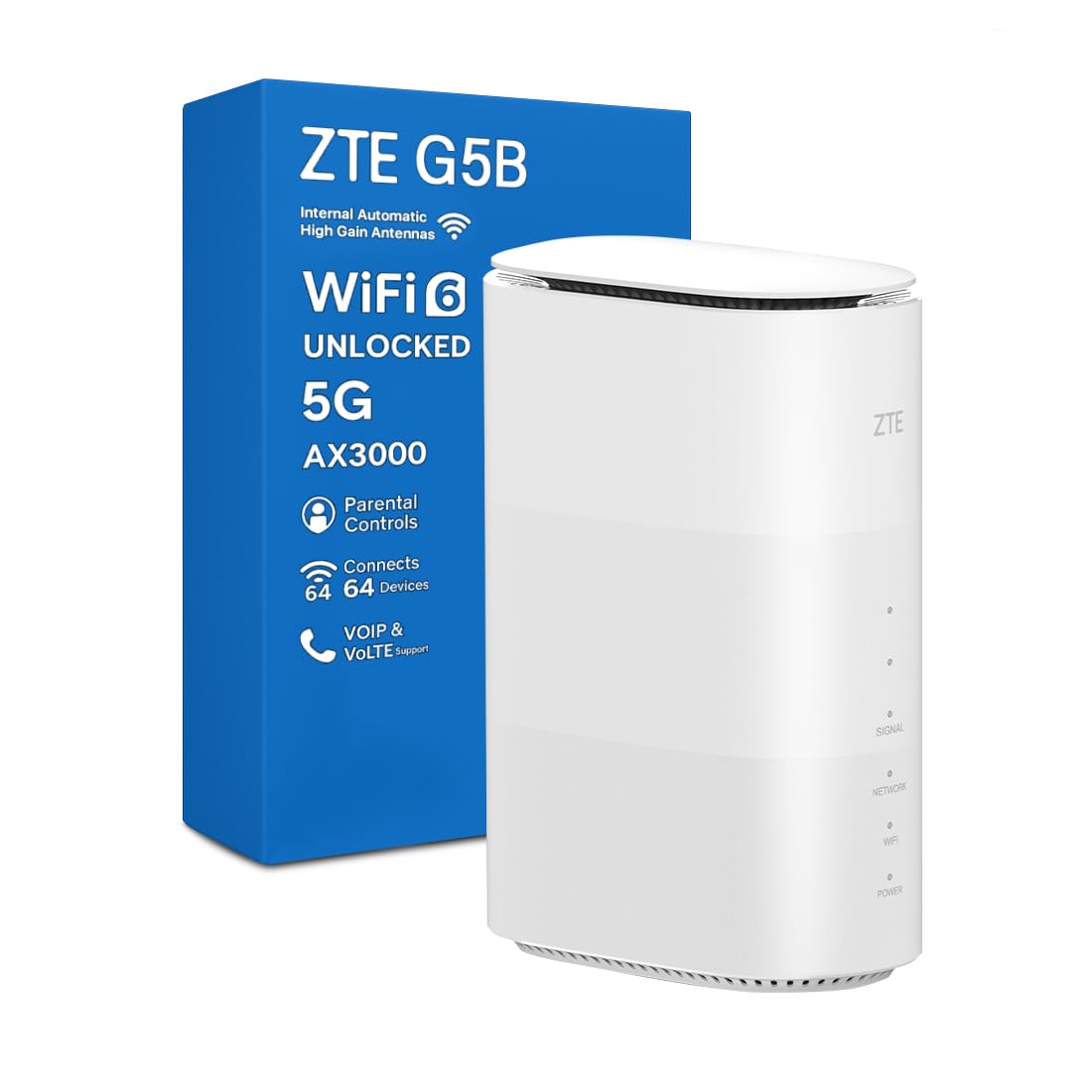 ZTE G5B AX3000 WiFi 6 5G Router with SIM Slot, Unlocked Whole Home Wireless Router, Premium Low-Power Design, Easy Setup & Management, Parental