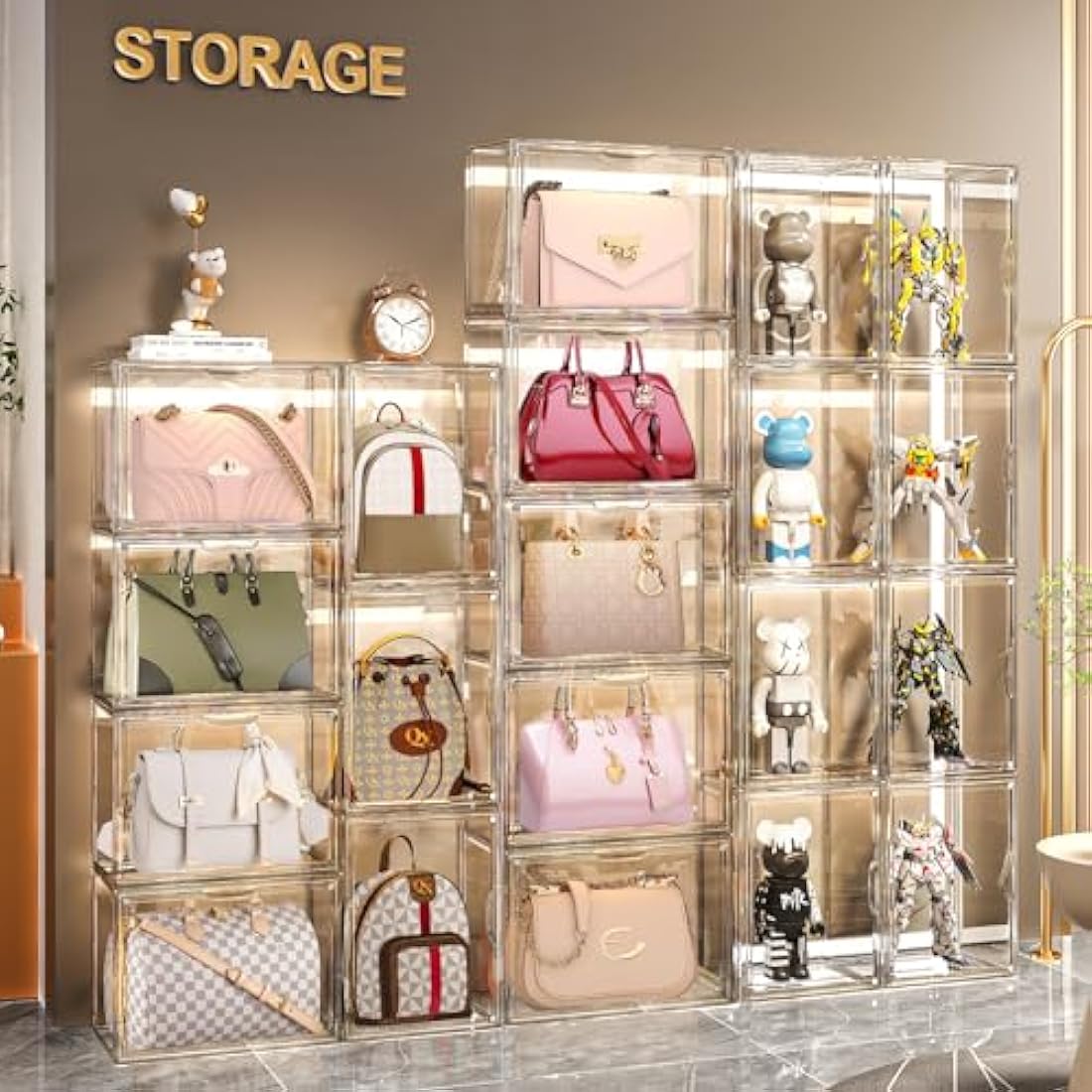 Giyiprpi 4 Packs Plastic Purse Storage Organizer for Closet, Clear Display Case for Purse and Handbag, Stackable Storage Boxes Organizer with Magnetic Door for Wallet Book Cosmetic Toys Display