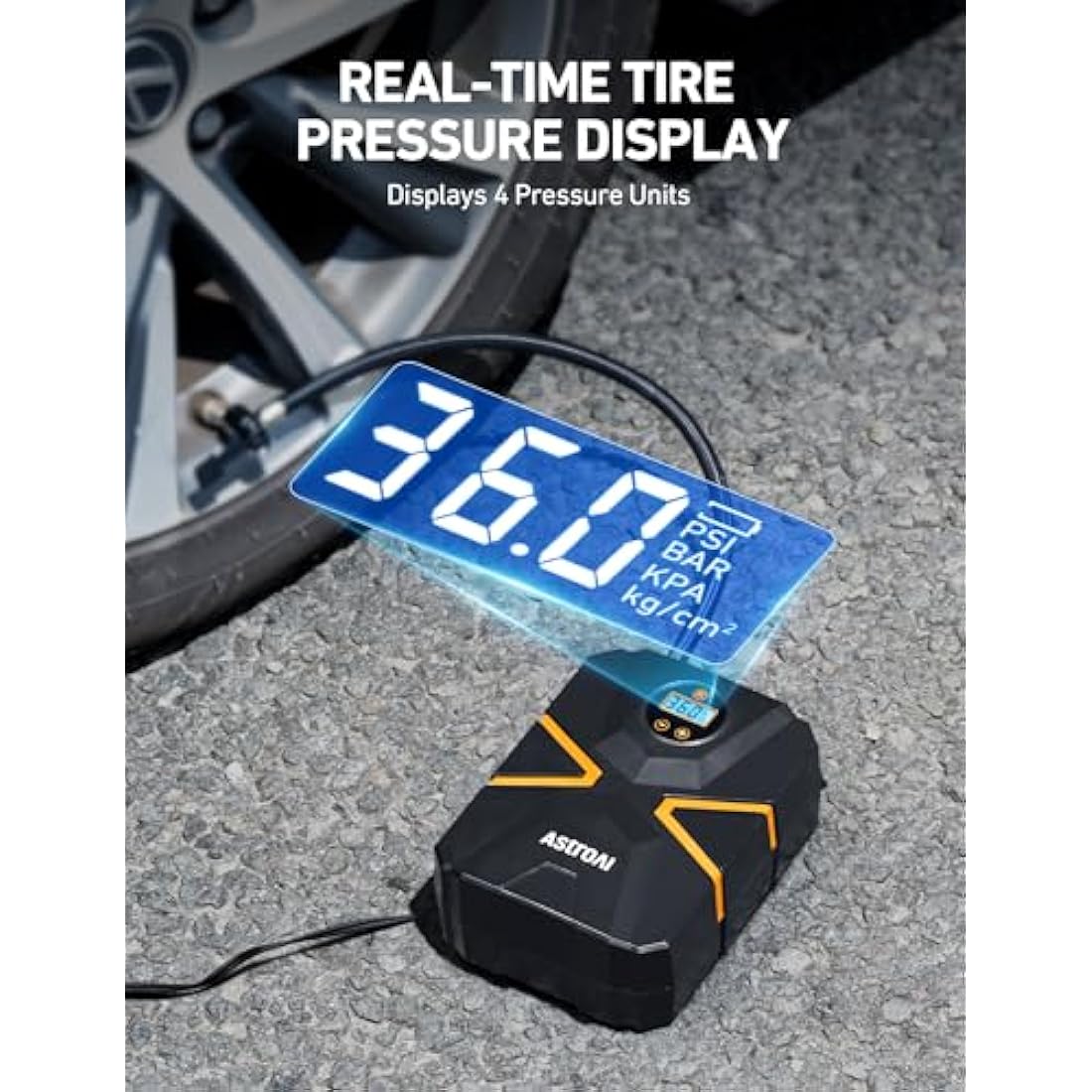 AstroAI Tyre Inflator Air Compressor 12V DC, Digital Car Tyre Pump 150 PSI, Preset Tyre Pressure & Auto Shutoff, Electric Air Pump for Car Tyres, Bicycles, Other Inflatables (Black&Yellow)