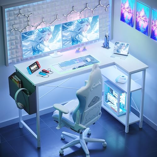 BEXEVUE L Shaped Corner Desk - 100x70 cm Study Office Gaming Desk, Computer Desk Small Writing Table, Large Reversible Storage Shelves, Bookshelf