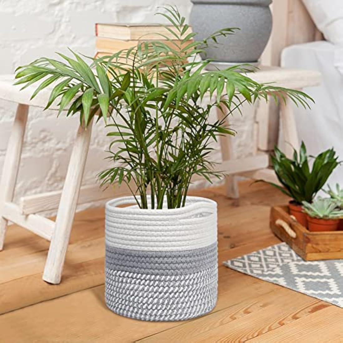 tenn well 20cm Plant Pot with Liner, Cotton Indoor Planter Woven Storage Basket for Indoor Plants Flower Pot and Home Decoration (White and Grey)