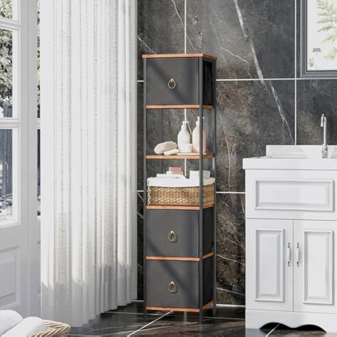 HOOBRO Tall Bathroom Cabinet, Narrow Corner Storage Cabinet, Slim Corner Shelf Unit with 3 Fabric Drawers and 2 Open Shelves, Narrow Storage Unit for Living Room, Rustic Brown and Black EBF140CW01