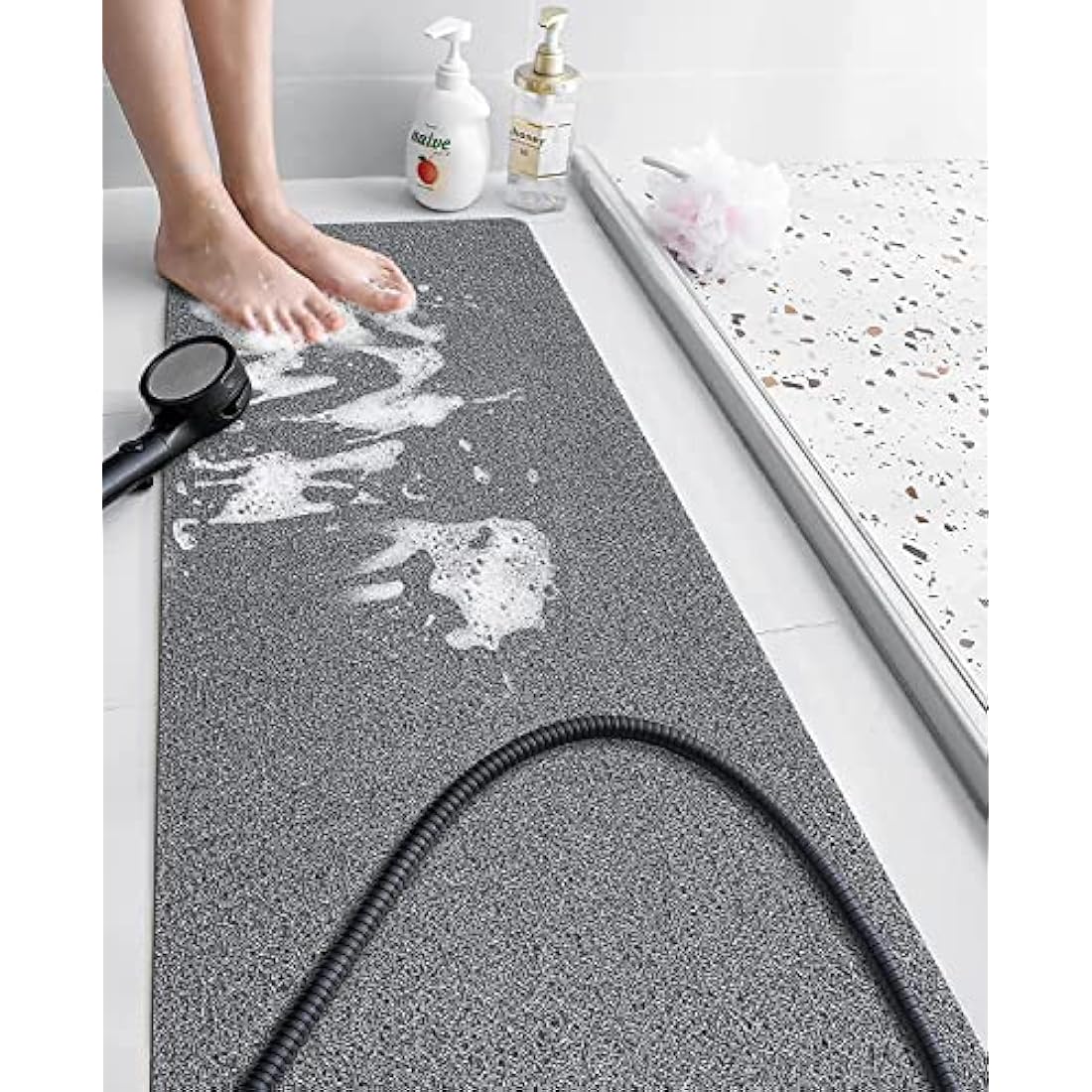 Loofah Mats for Shower, Non Slip Soft Textured Bath, Bathtub Mat with Drain, Phthalate Free, Quick Drying, Soft Comfort Bathroom Mats for Wet Areas (Grey)
