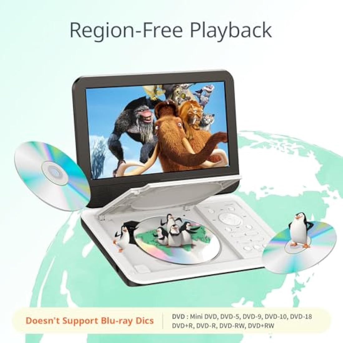 YOTON Portable DVD Player, 12.5 Inch with Rotatable 10.5 Inch LCD, 4~6 Hours Continuous Playback, Memory Recovery Function, Sync TV, for Car and Kids（White）