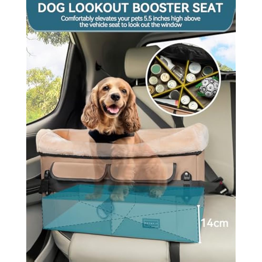 Petsfit Dog Car Seat Medium Sized Dog, with Patent Buckles, Washable Pad, Upgraded Booster Car Seat Up to 20 KG, Khaki