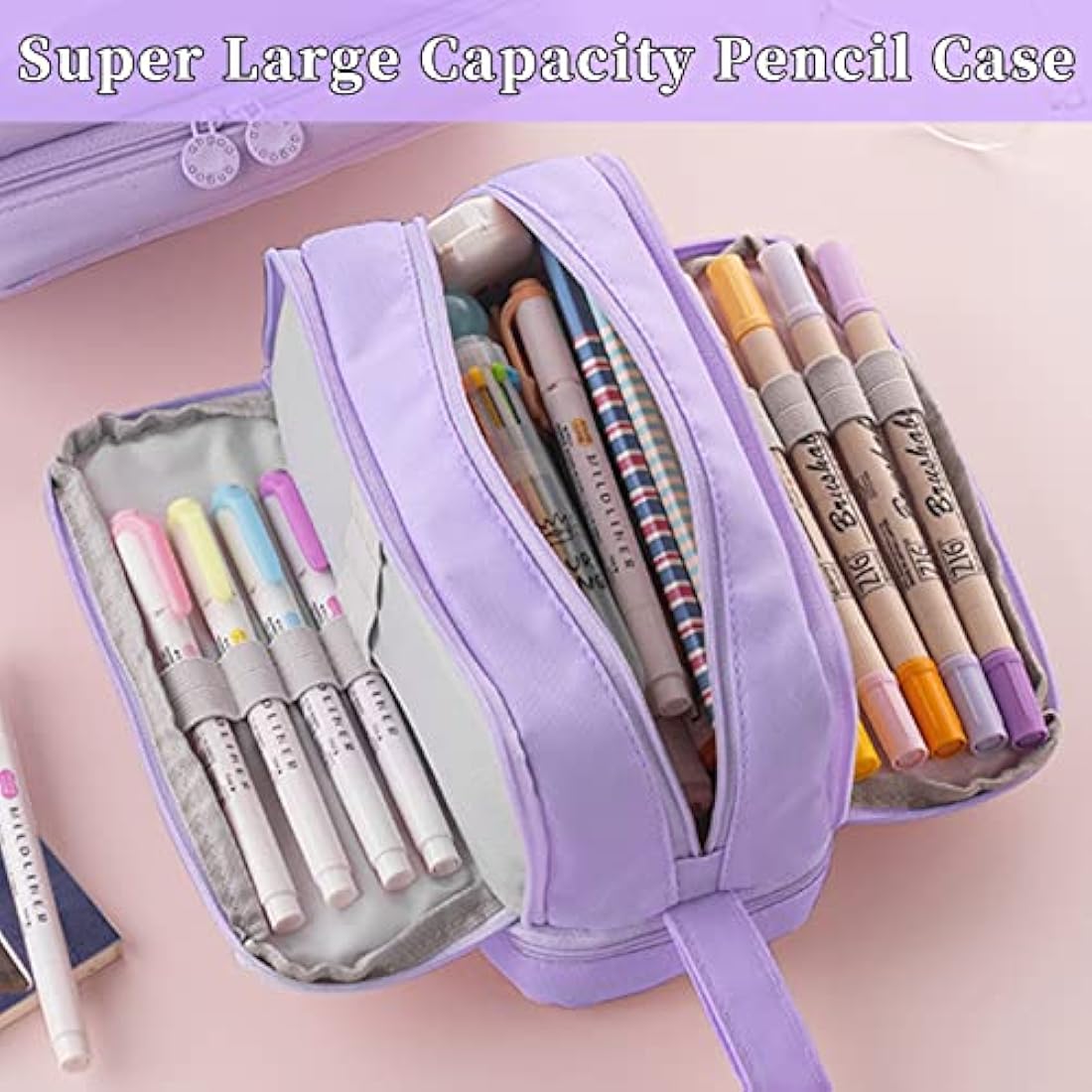 Tesmien Pencil Case, Large Pencil Case with 4 Compartments Stationery Organizer for Boys and Girls, Aesthetic Pencil Bag Suitable for Kids Teenagers Students Women Men, Purple