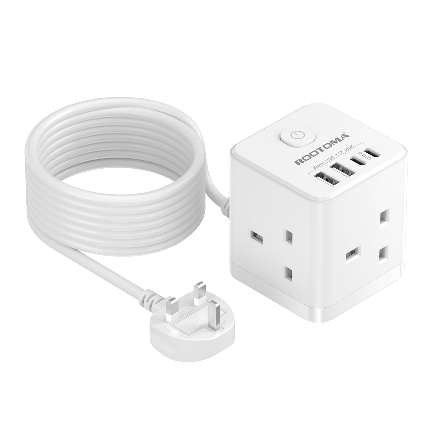 Extension Lead 5M with USB Slots, 3 Way Cube Power Extension with 4 USB (5V/3.1A 15.5W), Small Tower Extension Lead for Home, Office, Dorm Room,