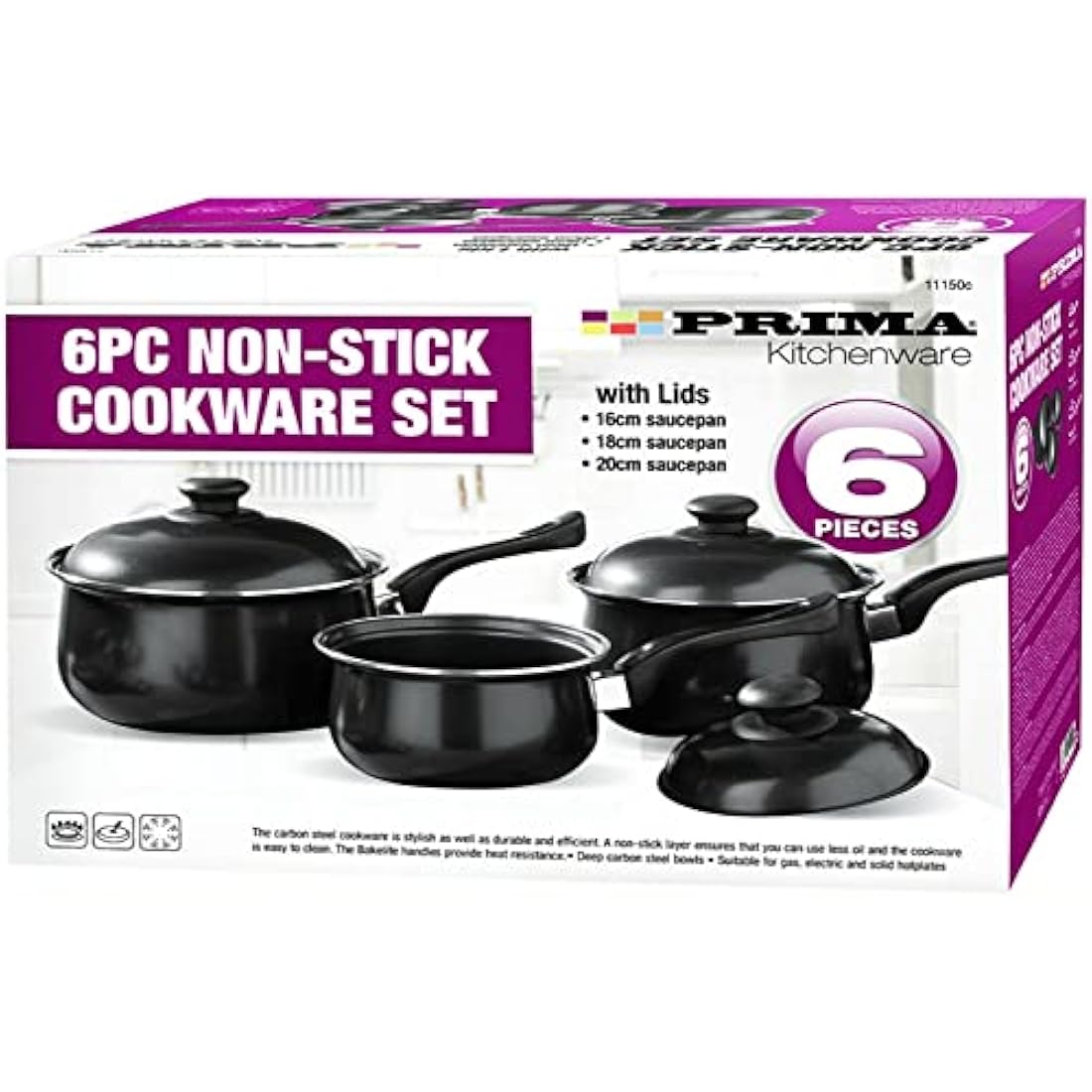 NTI 6 Pcs Black Carbon Steel Saucepan Set | Prima Cookware | Non-Stick with Lids | Cooking Pots | Home Kitchen Chef | Housewarming Gifts | Healthy Food Cooker 16/18/20cm | Durable UK Free P&P