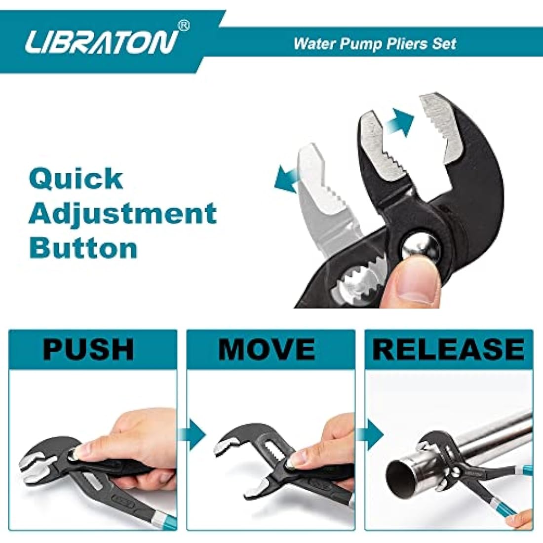 Libraton CR-V Steel Plumbing Pliers Set - Groove Joint & V-Jaw Tongue & Groove Pliers, Pipe Grips, Ratcheting Push Button Adjustment, 3PCS