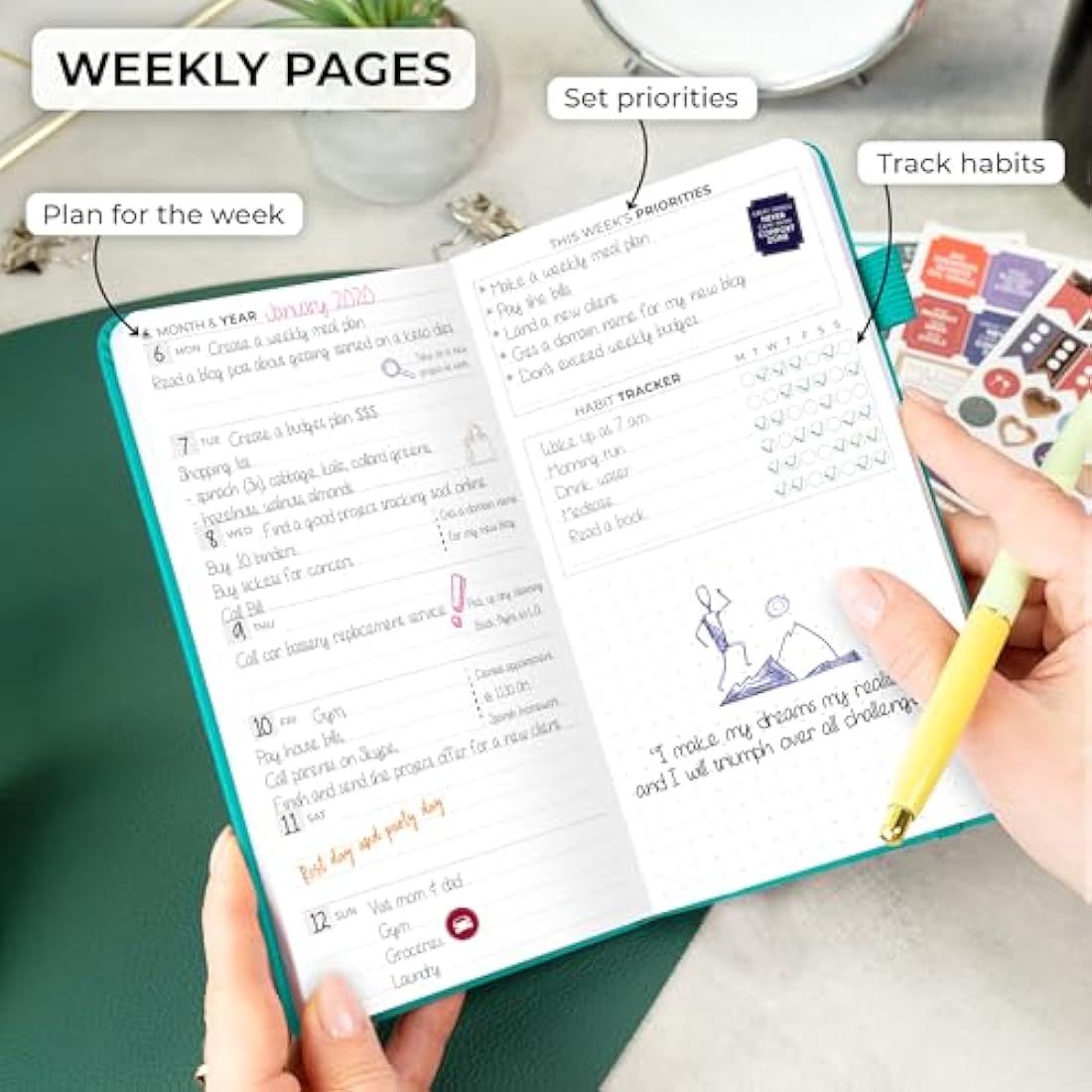 Clever Fox Pocket Weekly – Undated Monthly Goal Planner and Calendar, Mini Planner Perfect for Purse, 10x17.5cm (Turquoise)