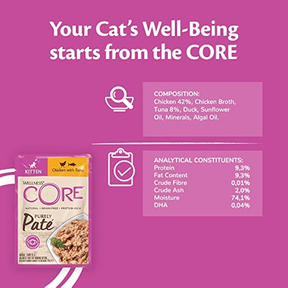 Wellness CORE Purely Paté Kitten, 24 x 85g, Chicken & Tuna, Kitten Food Wet, Smooth Cat Pate, All-Natural, Grain-Free, High Meat Content, Protein-Rich, Limited Ingredient Recipe