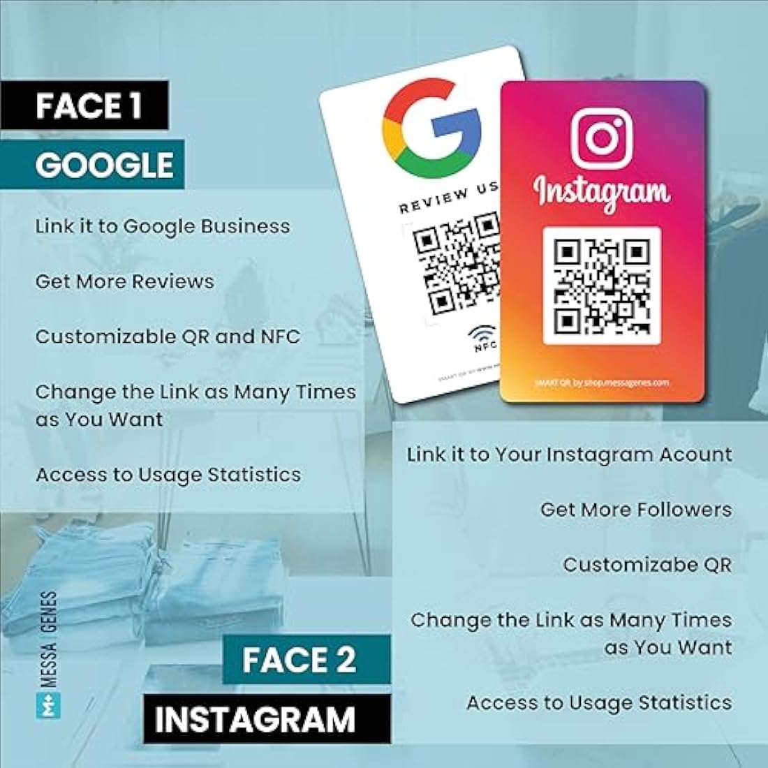 MESSAGENES | PVC Card Review Us on Google QR Code and NFC + Instagram | NFC Business Card Google Reviews + Instagram | Reusable QR Code for Reviews and Followers | Pack 2 Units | Reviews and Followers