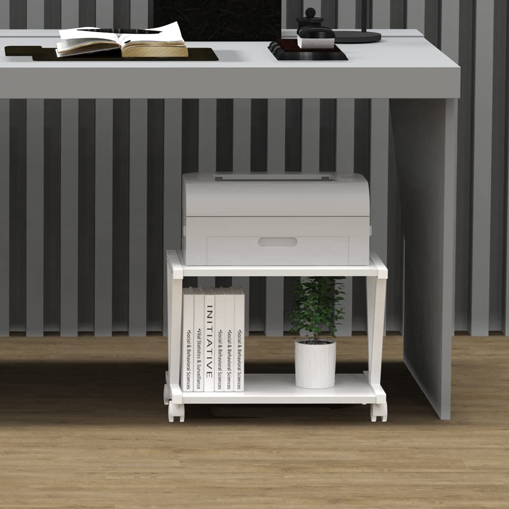 VEDECASA 2 Tier Printer Stand with Wheels Modern Desktop Storage and Organize Under Desk Printer Table for Home Office (White)