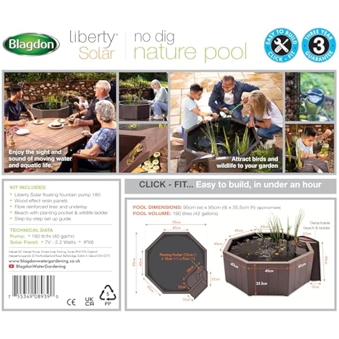 Blagdon Liberty No Dig Nature Pool, Raised Pond for Garden or Patio, Click Fit Easy Construction, with Floating Solar Fountain Pump, Bird Landing Platform, Wildlife Access Ladder and Planting Pocket