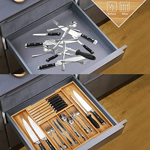 VaeFae Bamboo Cutlery Organiser for Kitchen, Wooden Utensil Drawer Organiser, Expandable Cutlery Tray and Utensil Holder