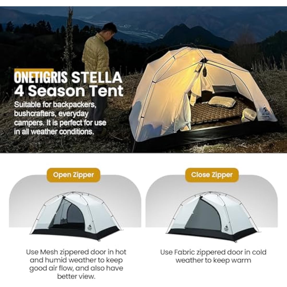 OneTigris Stella 4 Season Camping Tent Backpacking 2 Person Waterproof Lightweight Easy Setup Instant 3000mm Waterproof Rating Outdoor Hiking Tent