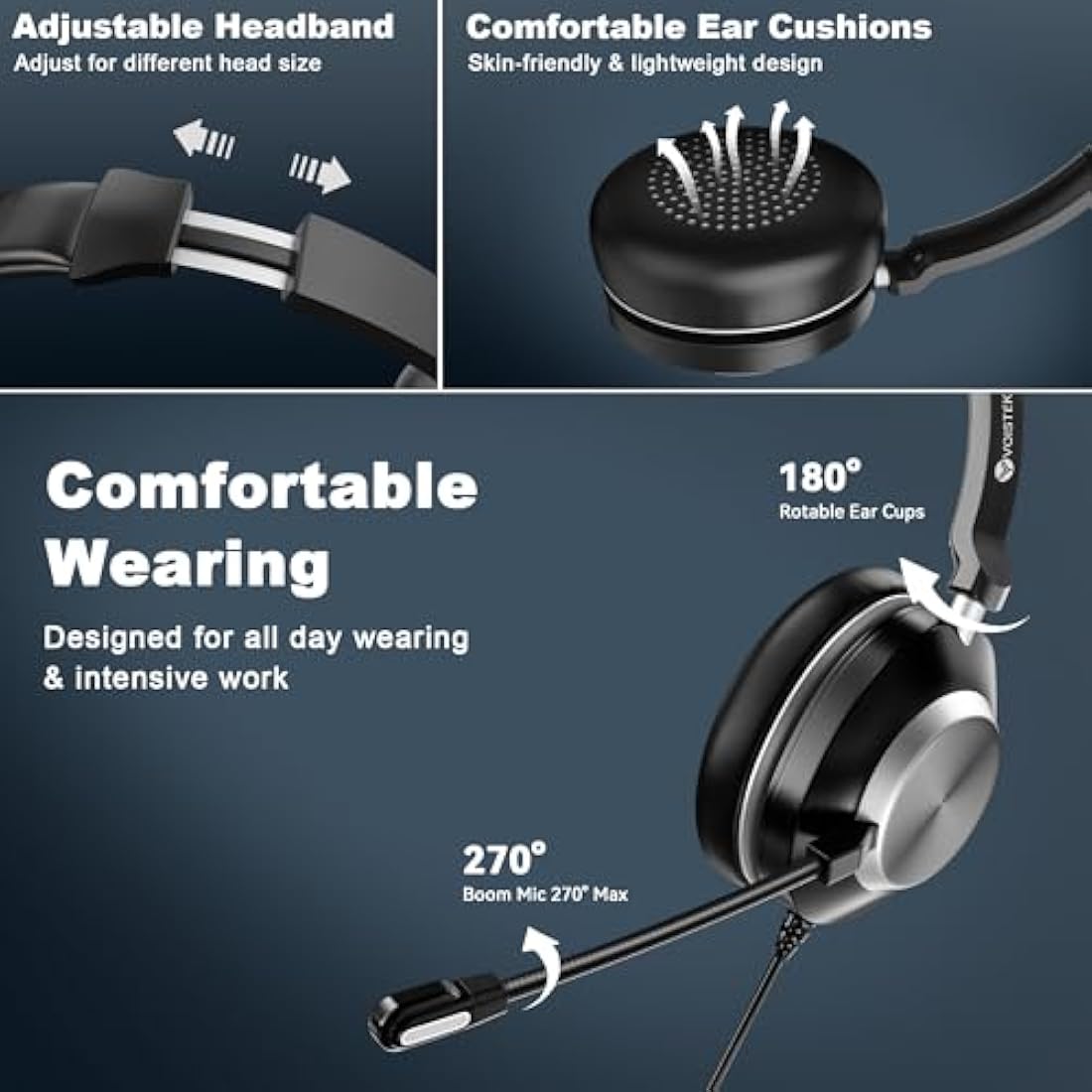 Voistek USB Headset with Microphone for Laptop PC,Wired Computer Headphones With Noise Cancelling Mic & In-line Controls for VoIP, Call Center, Online Classes, Teams, Zoom, Skype
